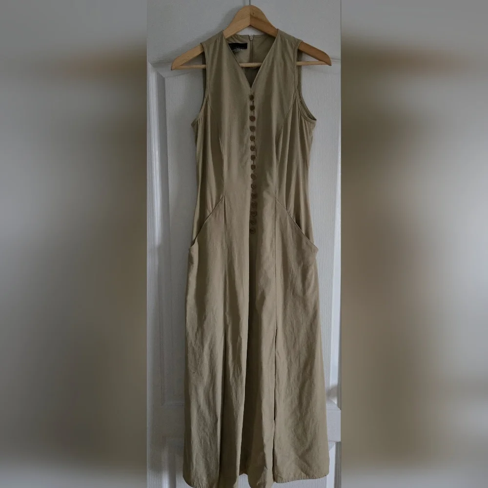 Designer Jean-Claude Poitras 90s Sleeveless Tan Button-Front Dress - Picture 2 of 11